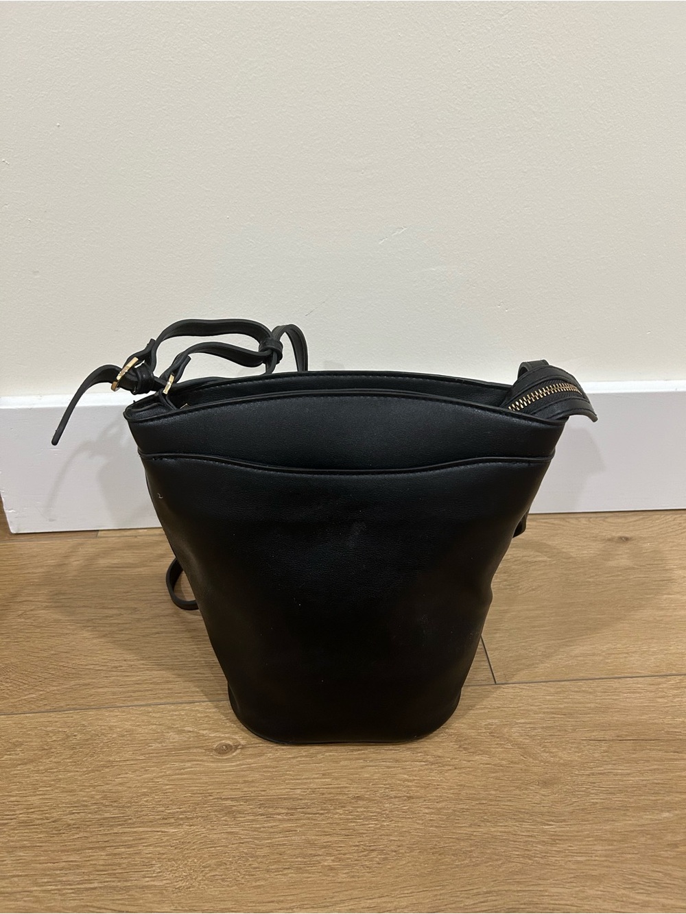 a new day Black Minimal Leather Crossbody Bucket Bag